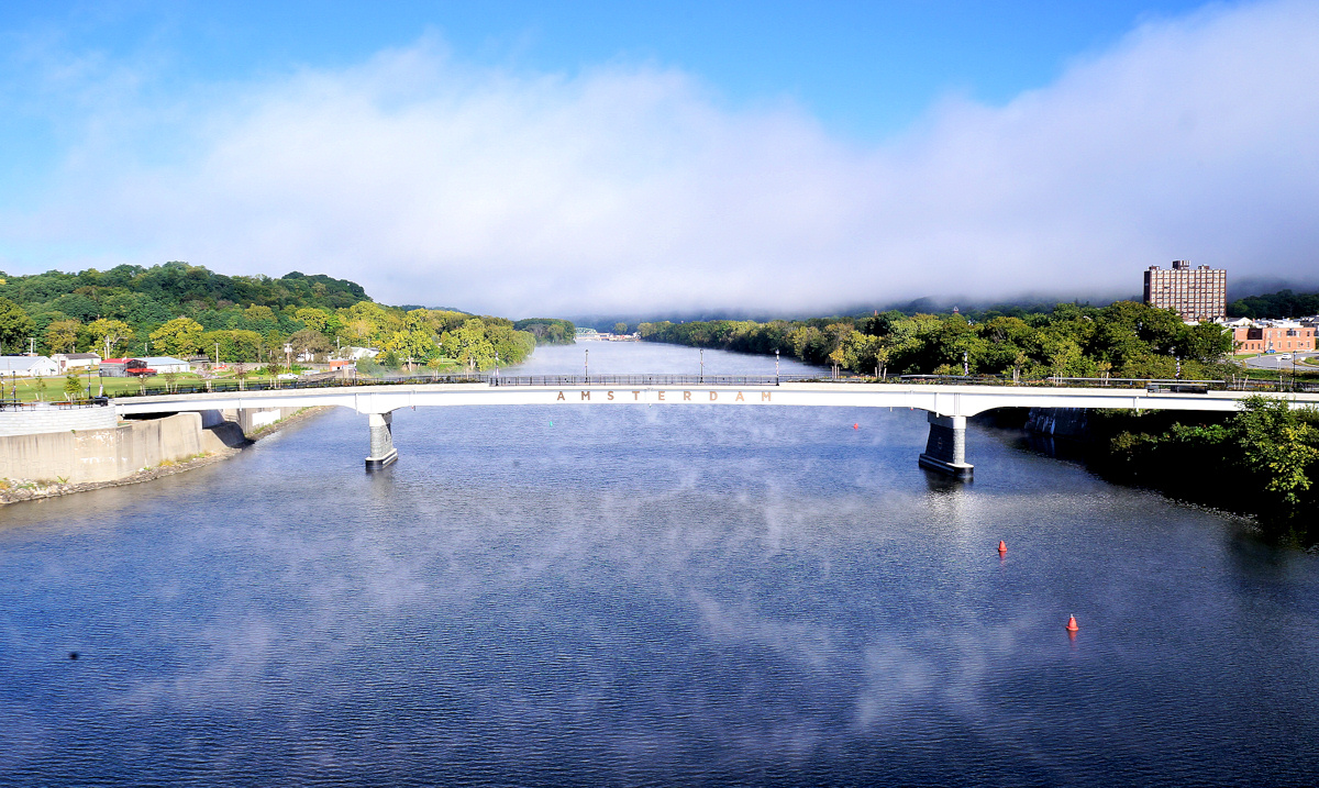 Mohawk Valley Gateway Overlook pedestrian bridge spanning the Mohawk River in Amsterdam