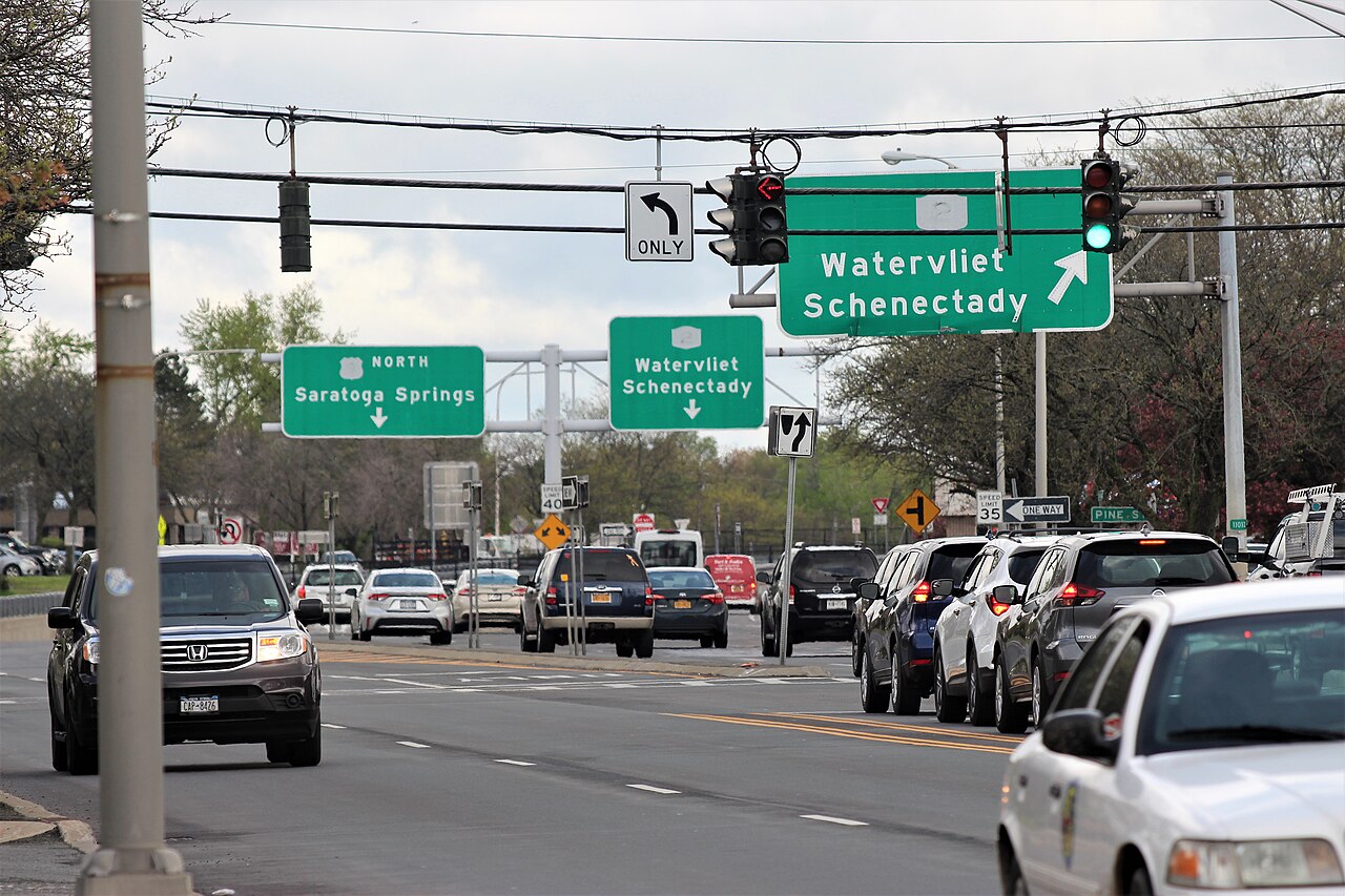 Traffic and directional signs at Latham Circle in the Town of Colonie
