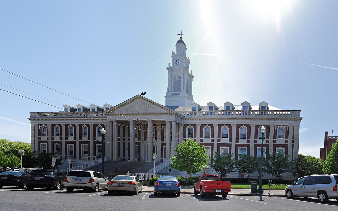 Schenectady City Hall with its white clock tower and columned entrance