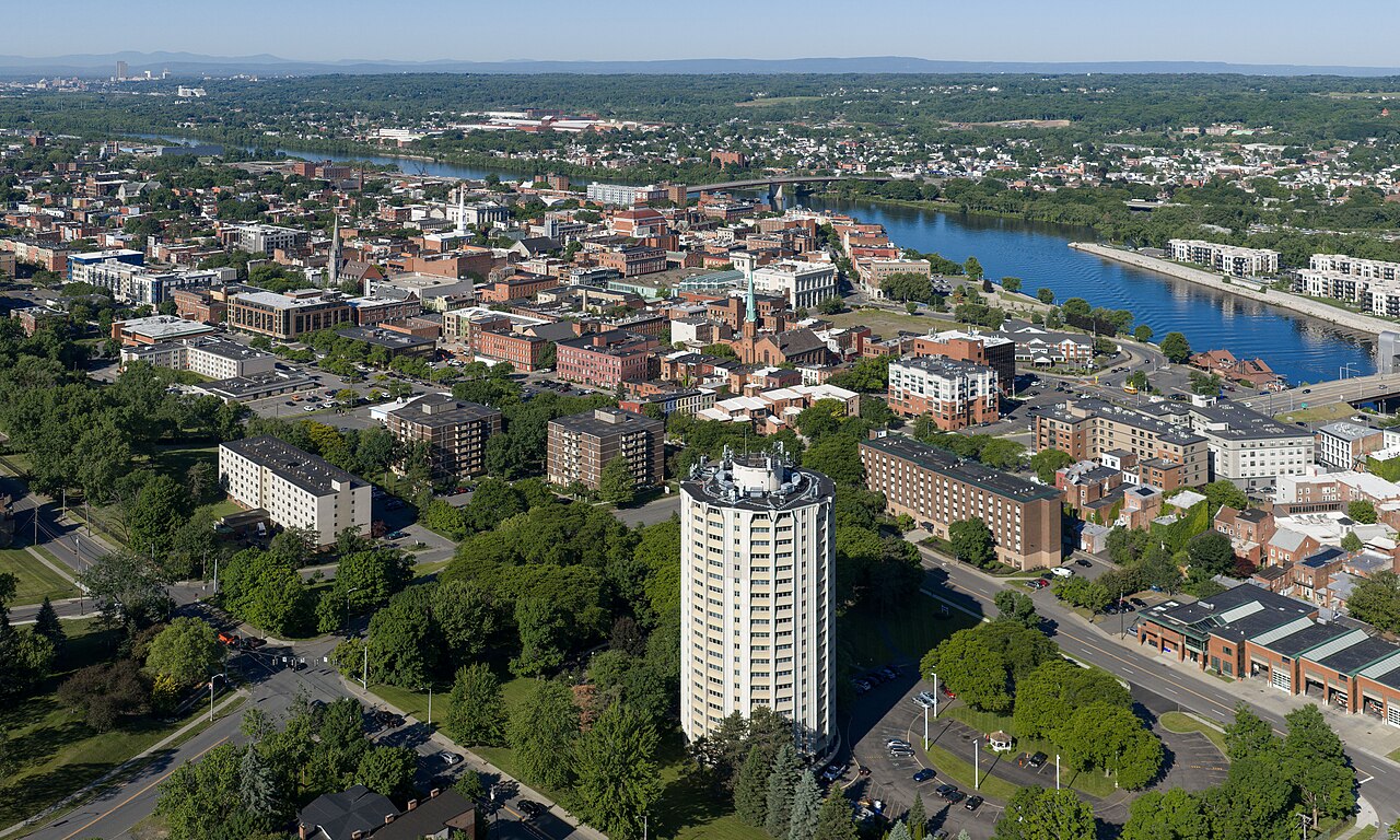 Aerial view of downtown Troy and bridges over the Hudson River